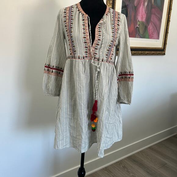 Zara TRF Trafaluc Striped Embroidered Mini Peasant Dress, Size ZS - Picture 2 of 9